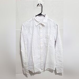 GAP Untucked Fit Long Sleeve Shirt Mens Soft Poplin White Navy Dot
